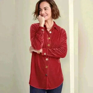 Soft Surroundings Filigree Velvet Boyfriend Long Sleeve Tunic Top Size Small Red